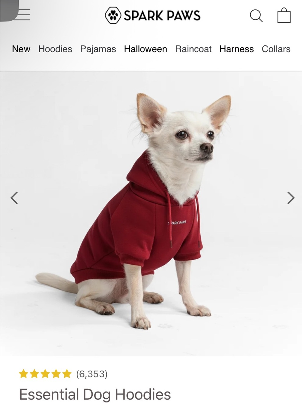 Spark paws essential dog hoodie, size small (see size chart)